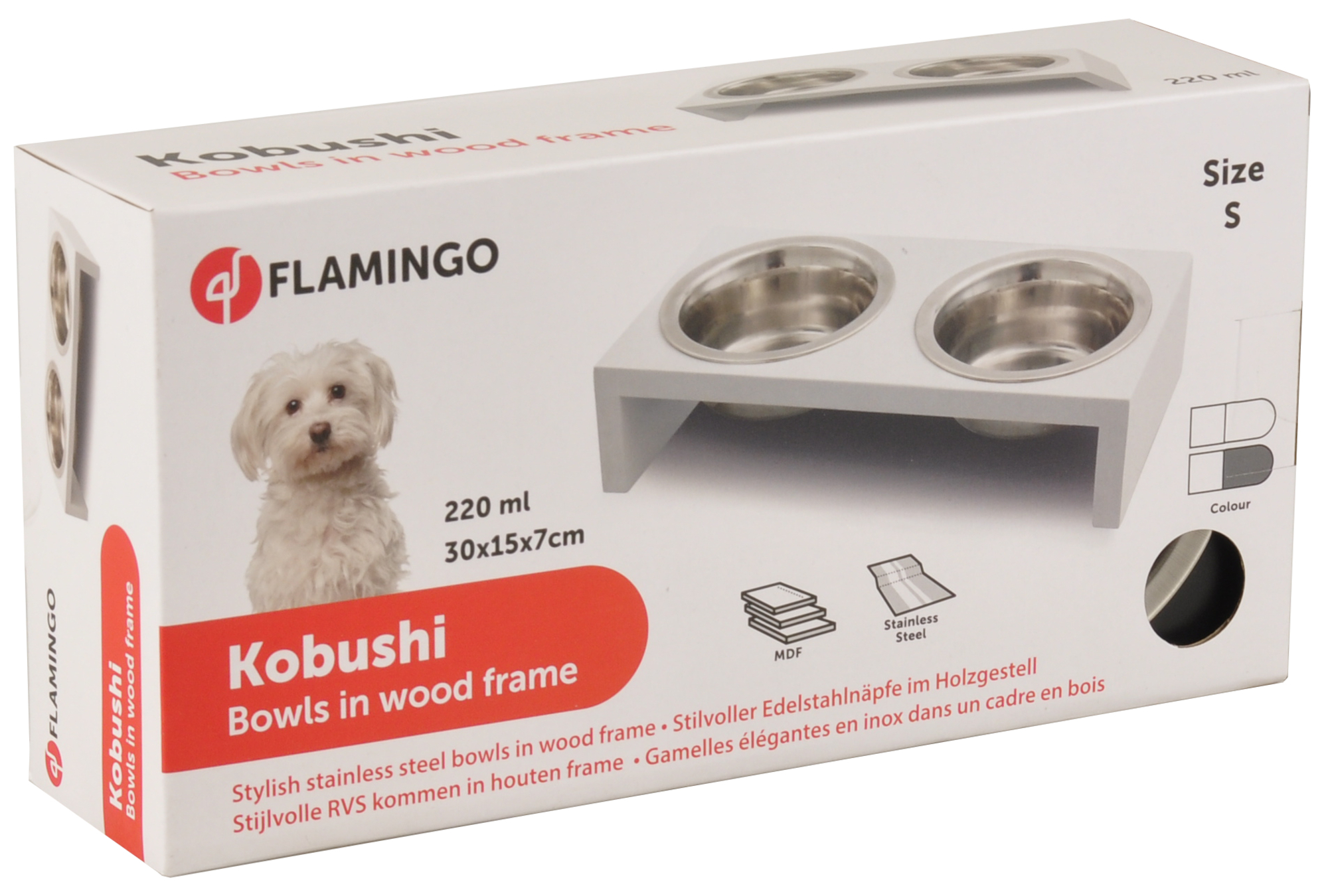 Flamingo Feeding and drinking bowl Duo dinner stand Kobushi Rectangle Silver & White