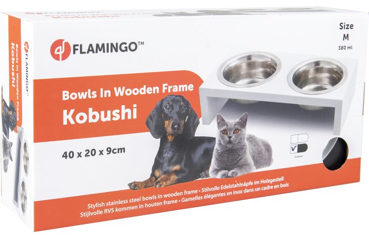Flamingo Feeding and drinking bowl Duo dinner stand Kobushi Rectangle Silver & Black