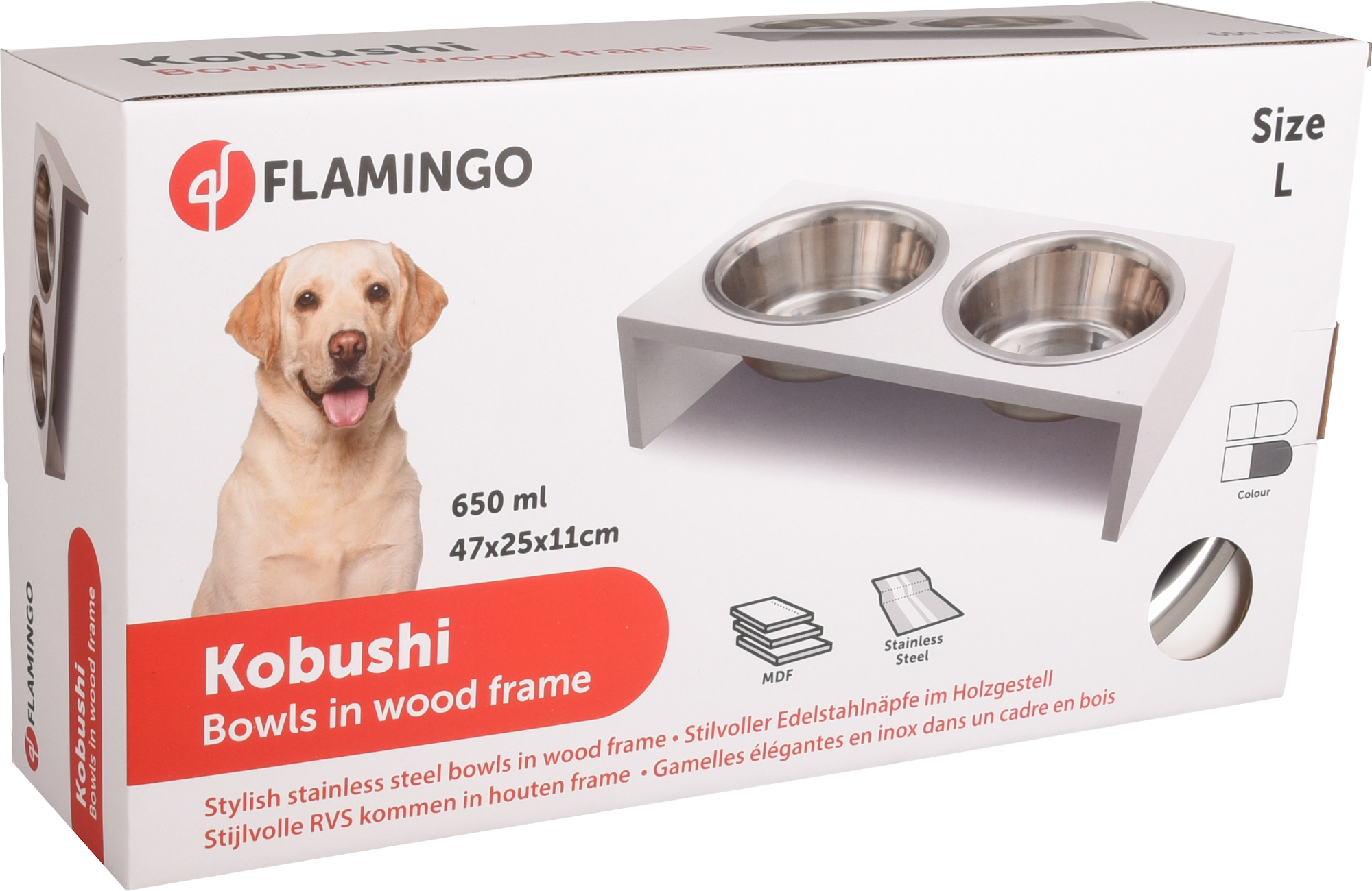 Flamingo Feeding and drinking bowl Duo dinner stand Kobushi Rectangle Silver & White