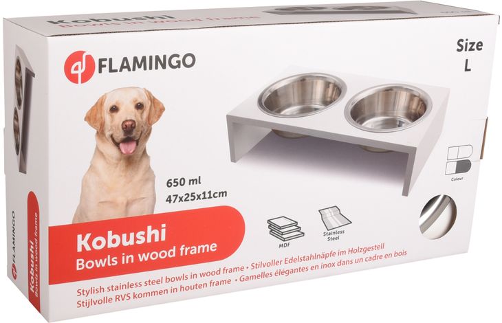 Flamingo Feeding and drinking bowl Duo dinner stand Kobushi Rectangle Silver & White