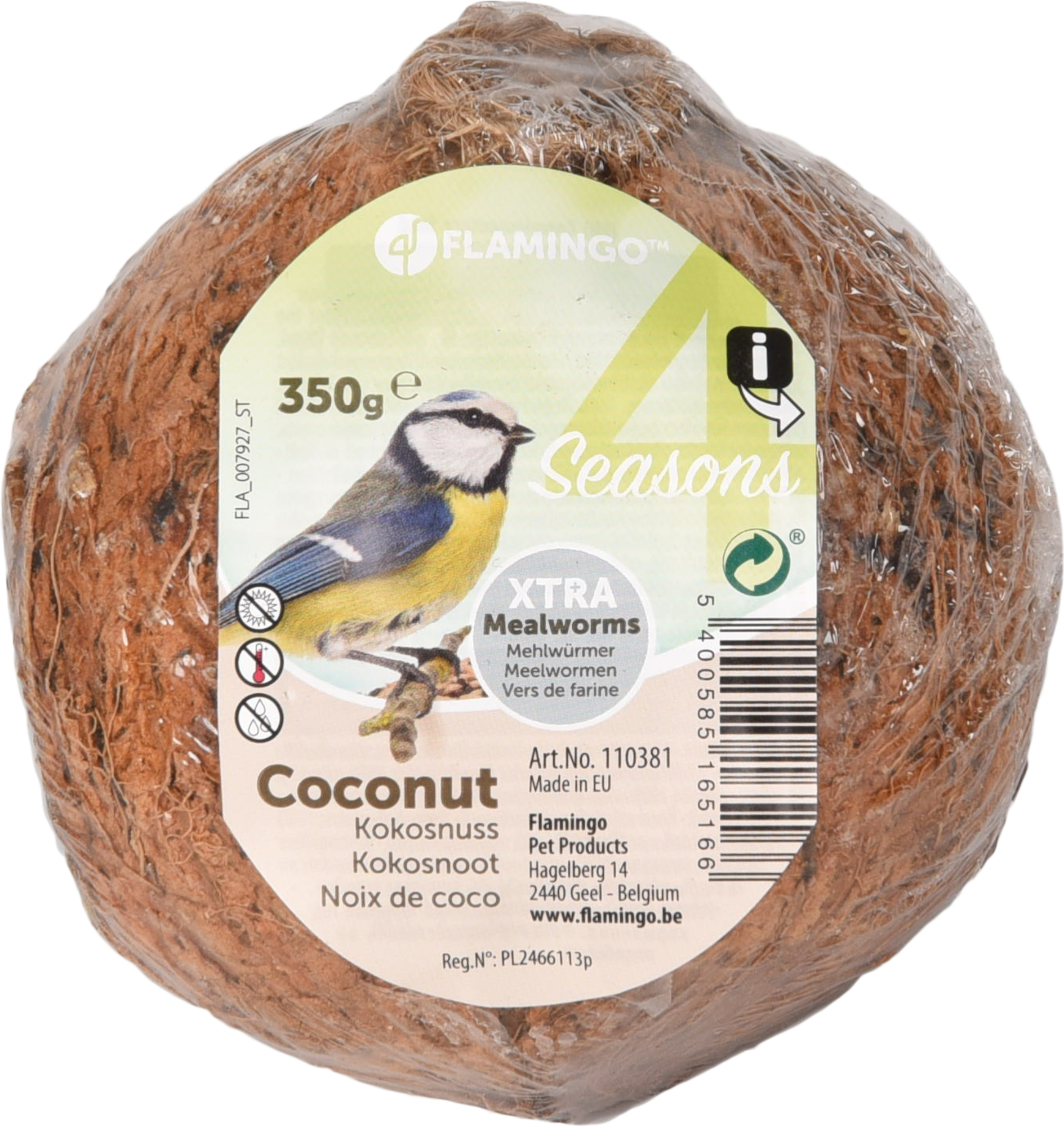 Flamingo Four Seasons  Feeder dispenser coconut with 3 holes Filled with mealworms - Birds living outdoors