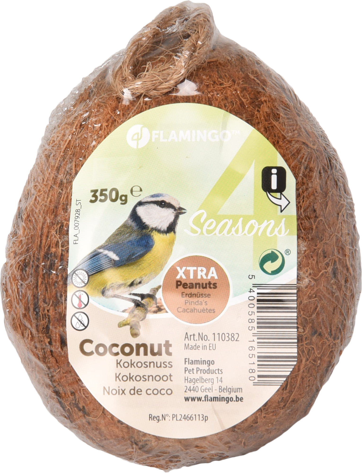 Flamingo Four Seasons  Feeder dispenser coconut with 3 holes Filled with nuts - Birds living outdoors