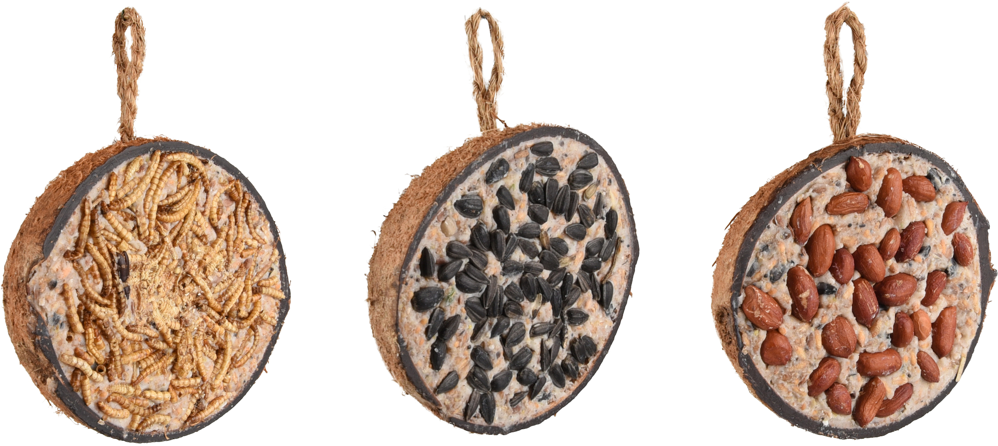 Flamingo Four Seasons  Futterspender halbe Kokosnuss Gefüllt mit Mehlwürmer & mit Nüsse & mit Samen - Vögel die im Freien leben