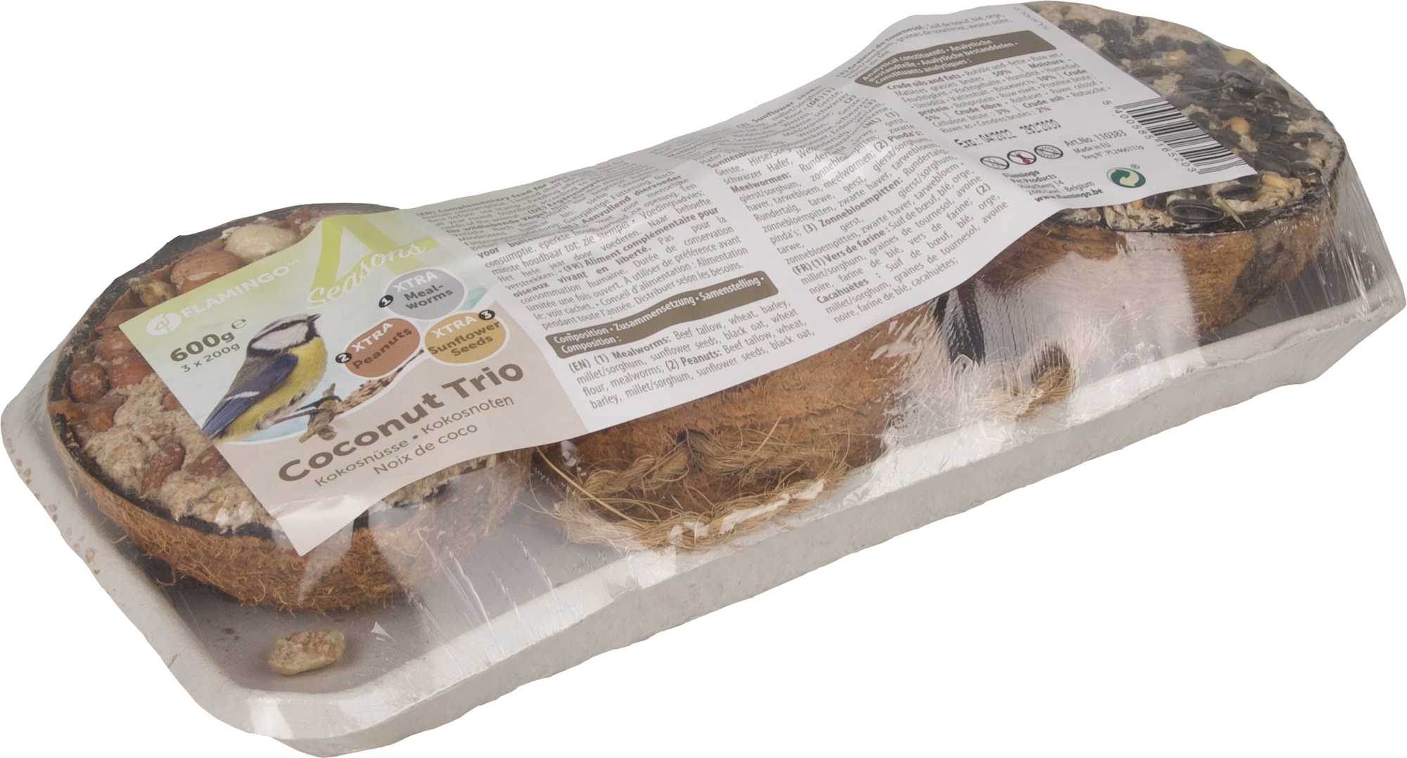 Flamingo Four Seasons  Futterspender halbe Kokosnuss Gefüllt mit Mehlwürmer & mit Nüsse & mit Samen - Vögel die im Freien leben
