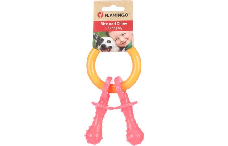 Flamingo Speelgoed Tutti Ring & Fopspeen Donkergeel & Roze