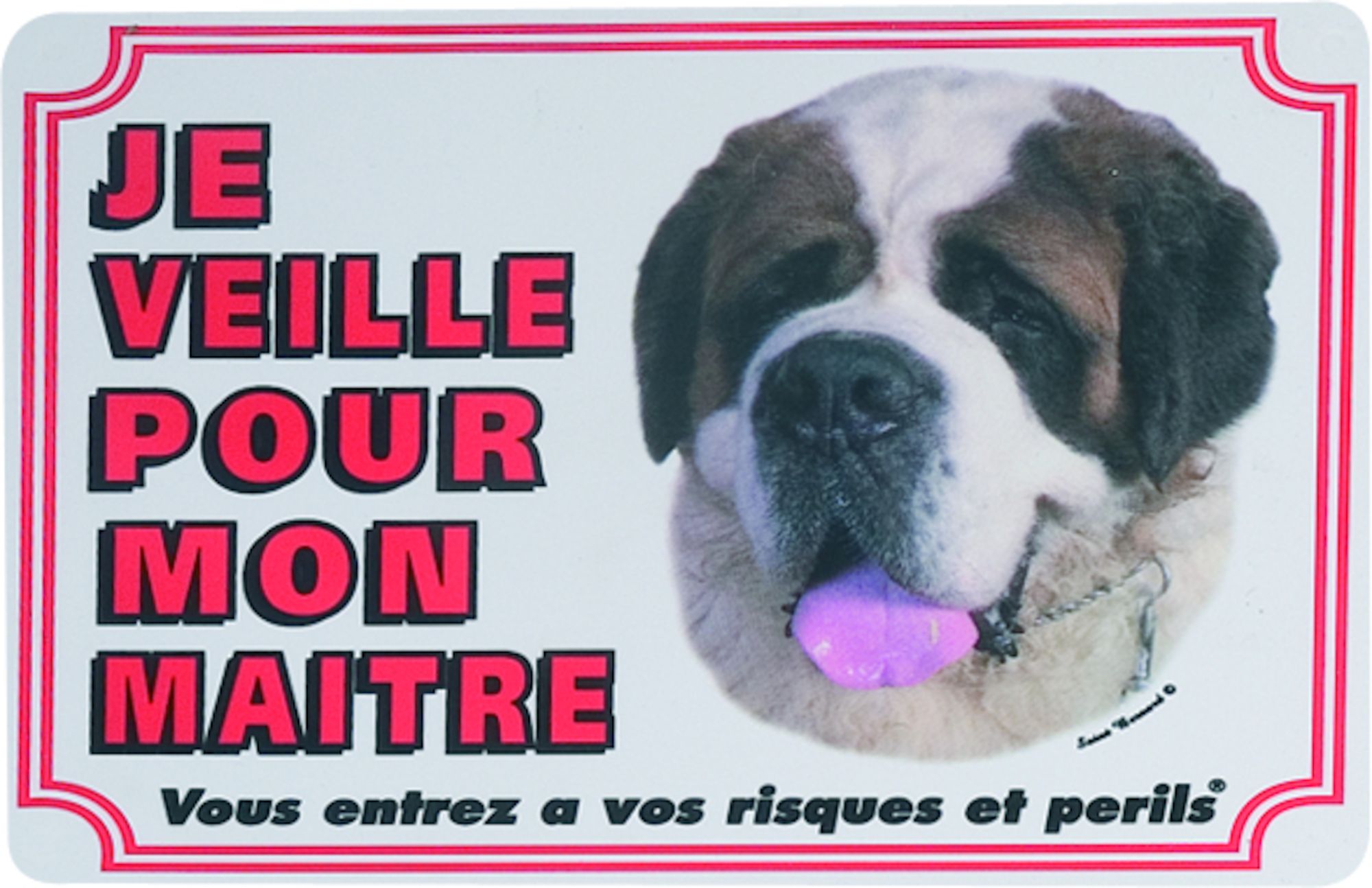 Flamingo Beware of dog sign FR St. Bernard White