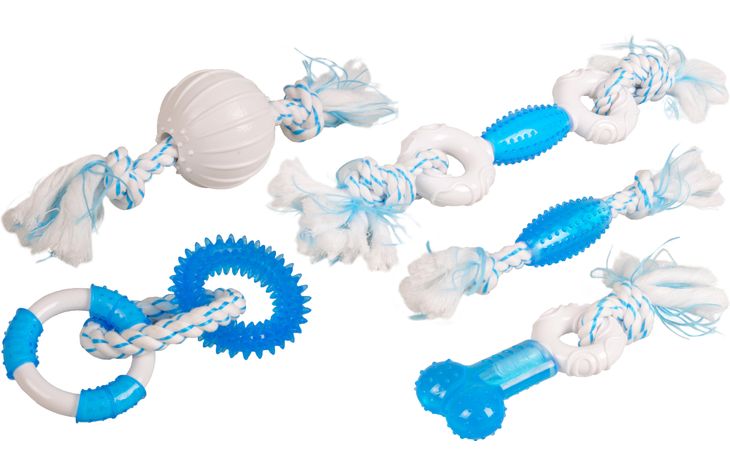 Flamingo Spielzeug Denta toy Schnur mit 2 Knoten Blau Weiß