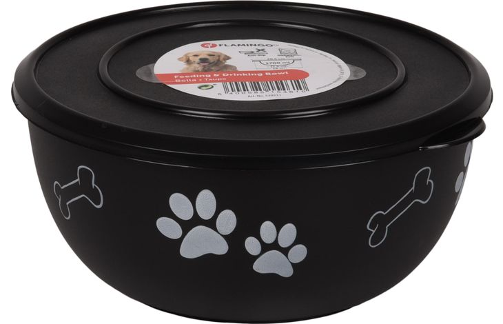 Flamingo Feeding and drinking bowl with lid Kena Round Black & Silver