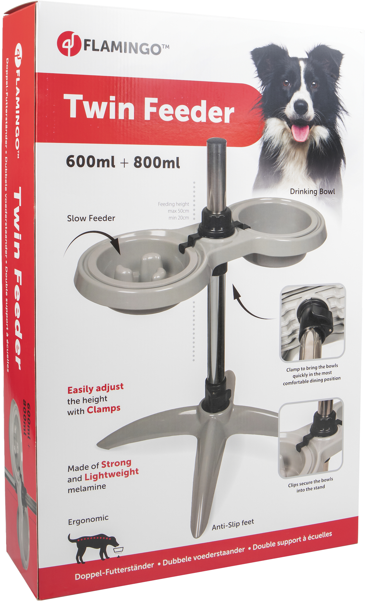 Flamingo Feeding and drinking bowl Duo dinner stand Suvi Light grey & Grey