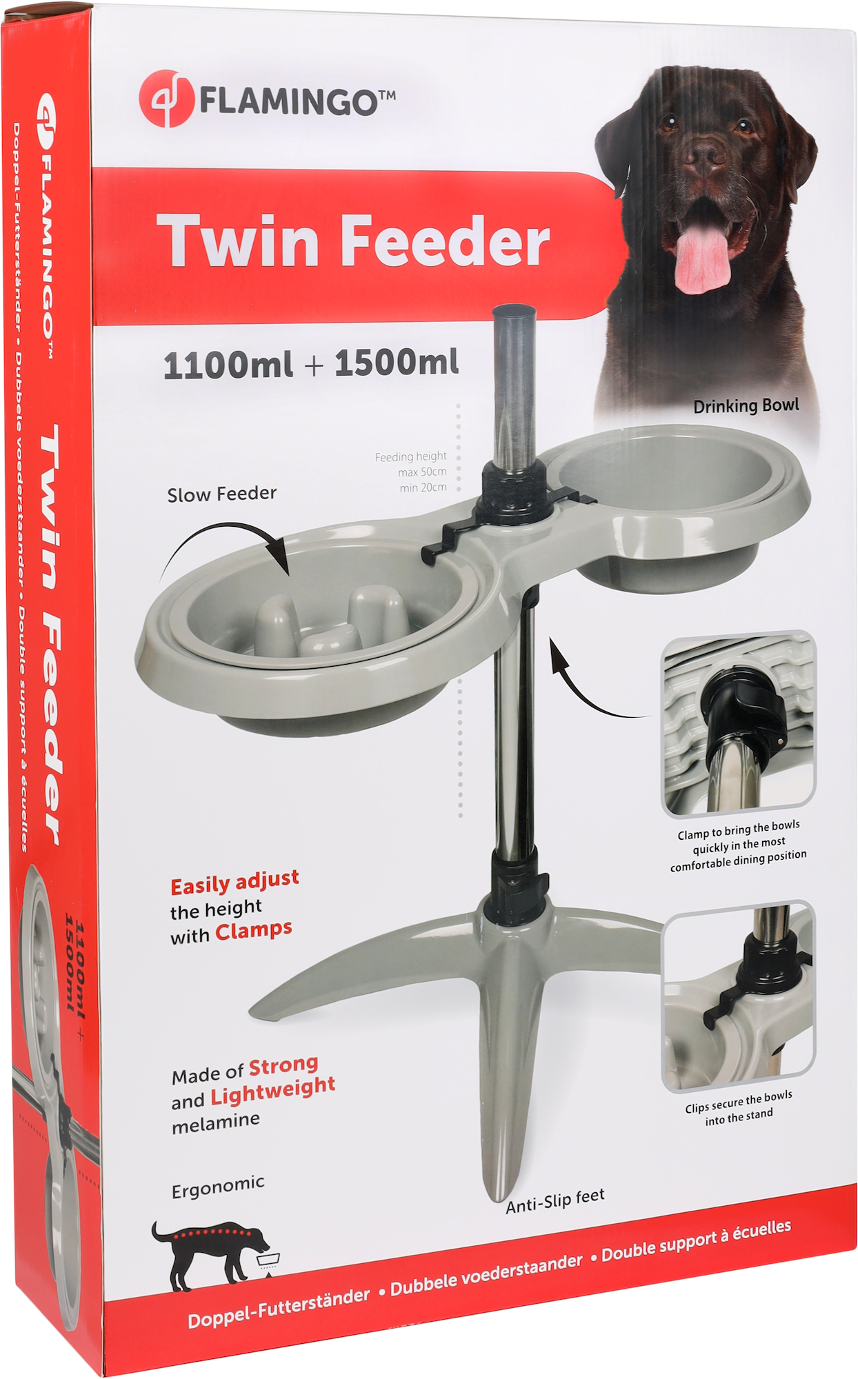 Flamingo Feeding and drinking bowl Duo dinner stand Suvi Light grey & Grey