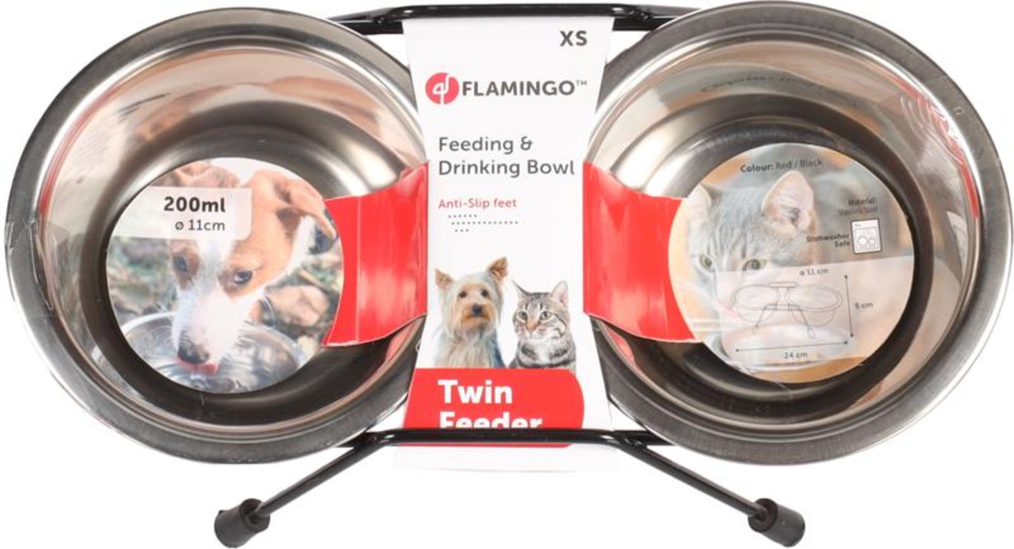 Flamingo Feeding and drinking bowl Duo dinner stand Arjun Red & Silver & Black