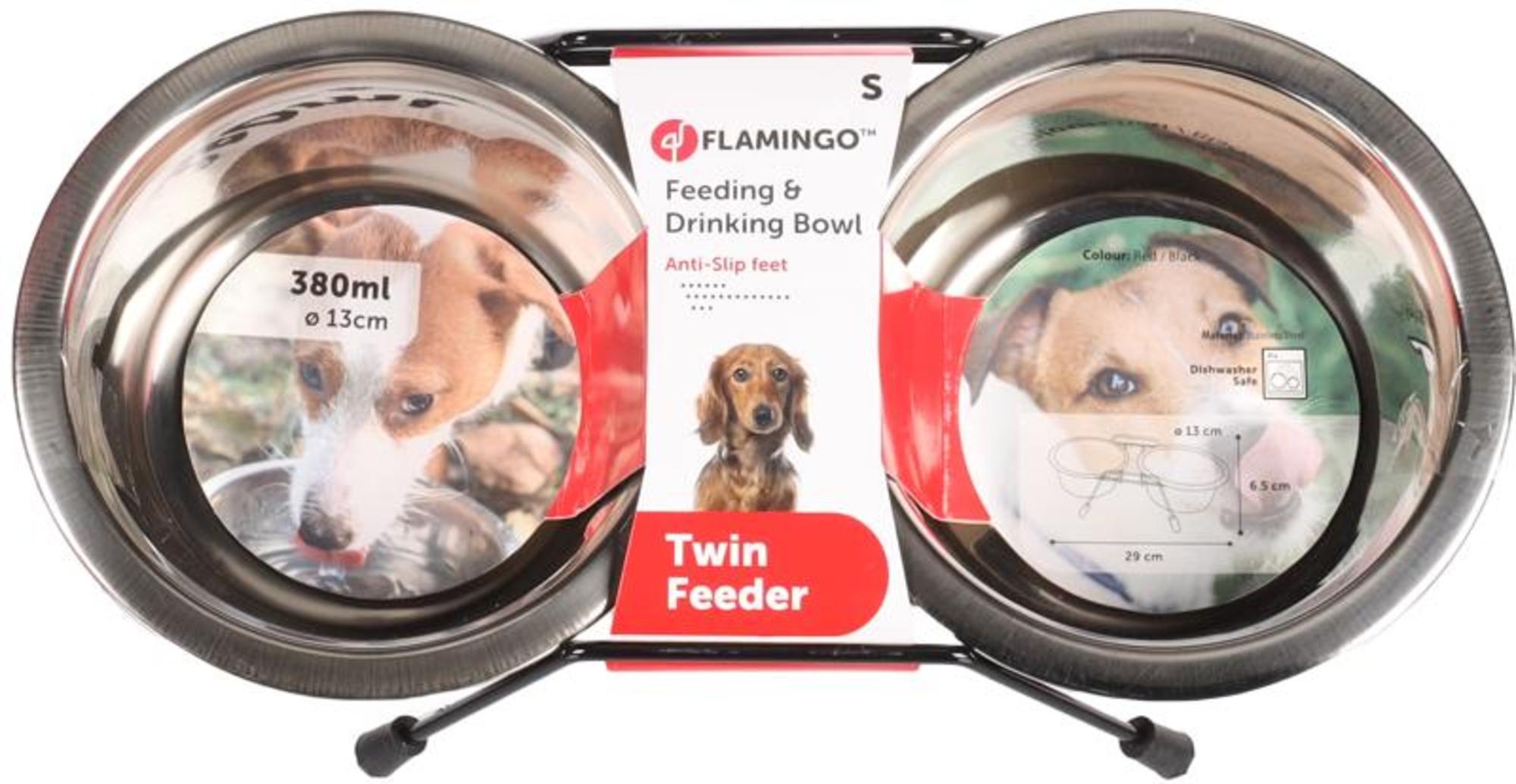Flamingo Feeding and drinking bowl Duo dinner stand Arjun Red & Silver & Black