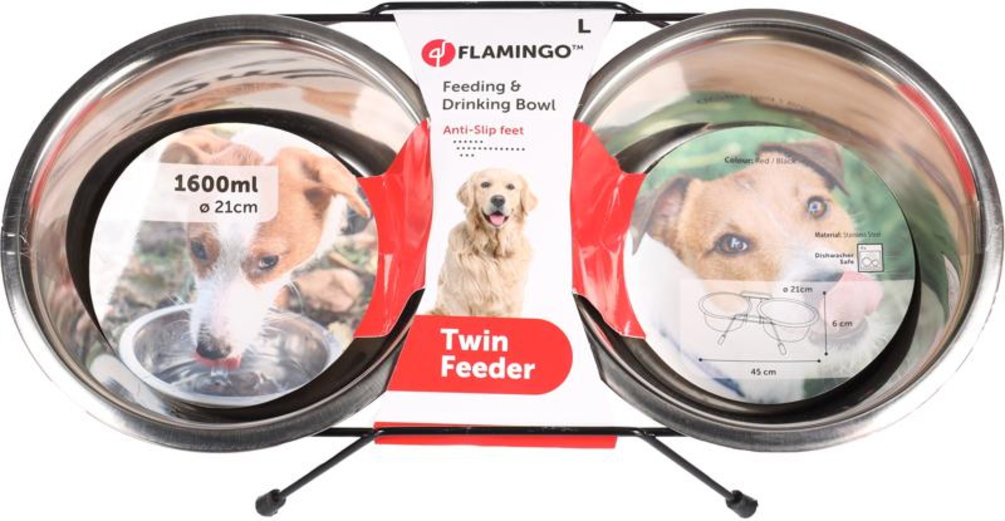 Flamingo Feeding and drinking bowl Duo dinner stand Arjun Red & Silver & Black