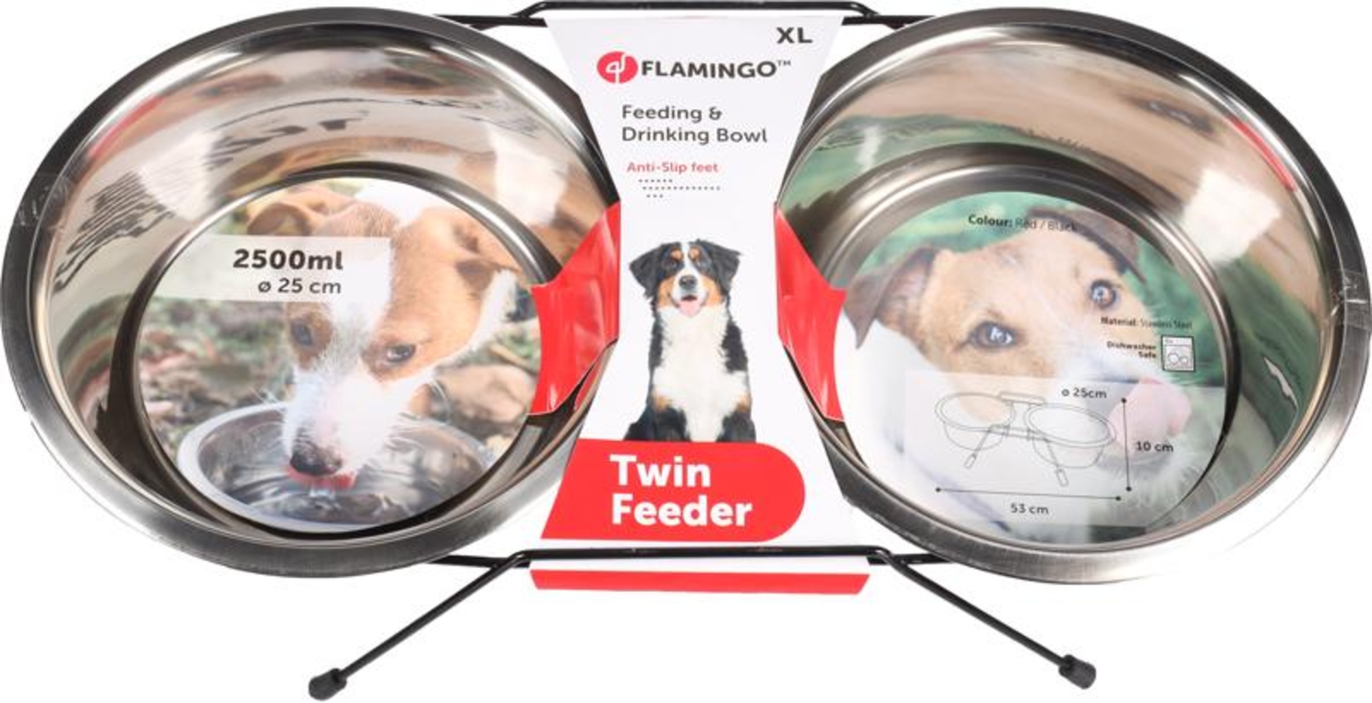 Flamingo Feeding and drinking bowl Duo dinner stand Arjun Red & Silver & Black