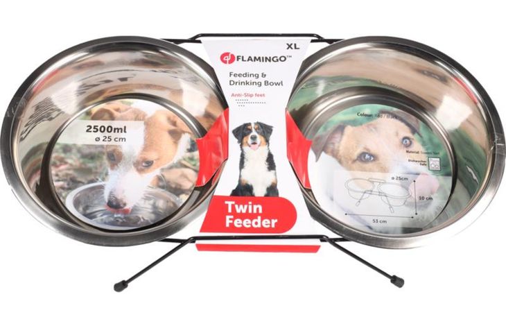 Flamingo Feeding and drinking bowl Duo dinner stand Arjun Red & Silver & Black