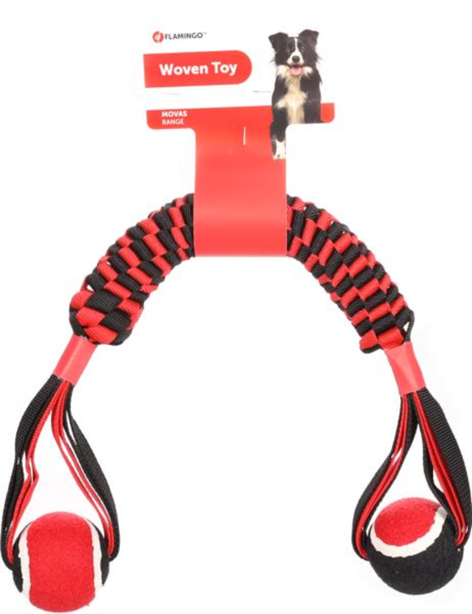 Flamingo Spielzeug Movas Zerrseil & Stick Gewebt mit Tennisball Rot & Schwarz