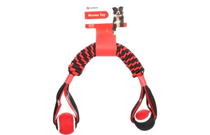 Flamingo Spielzeug Movas Zerrseil & Stick Gewebt mit Tennisball Rot & Schwarz