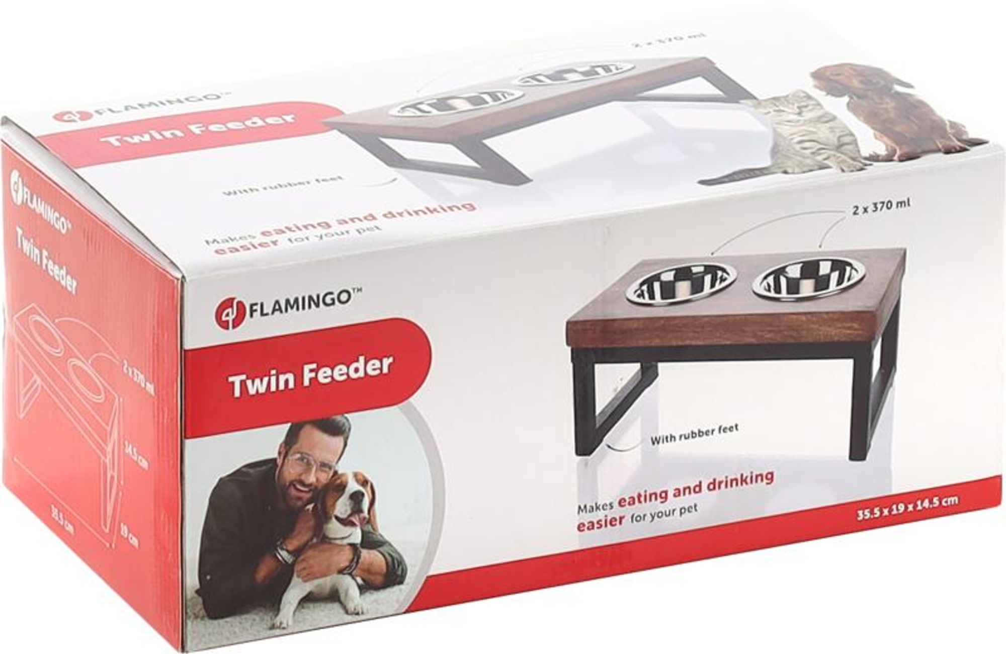 Flamingo Ciotola per cibo e acqua Duo dinner supporto Tommy Rettangolo Argento & Marrone & Nero