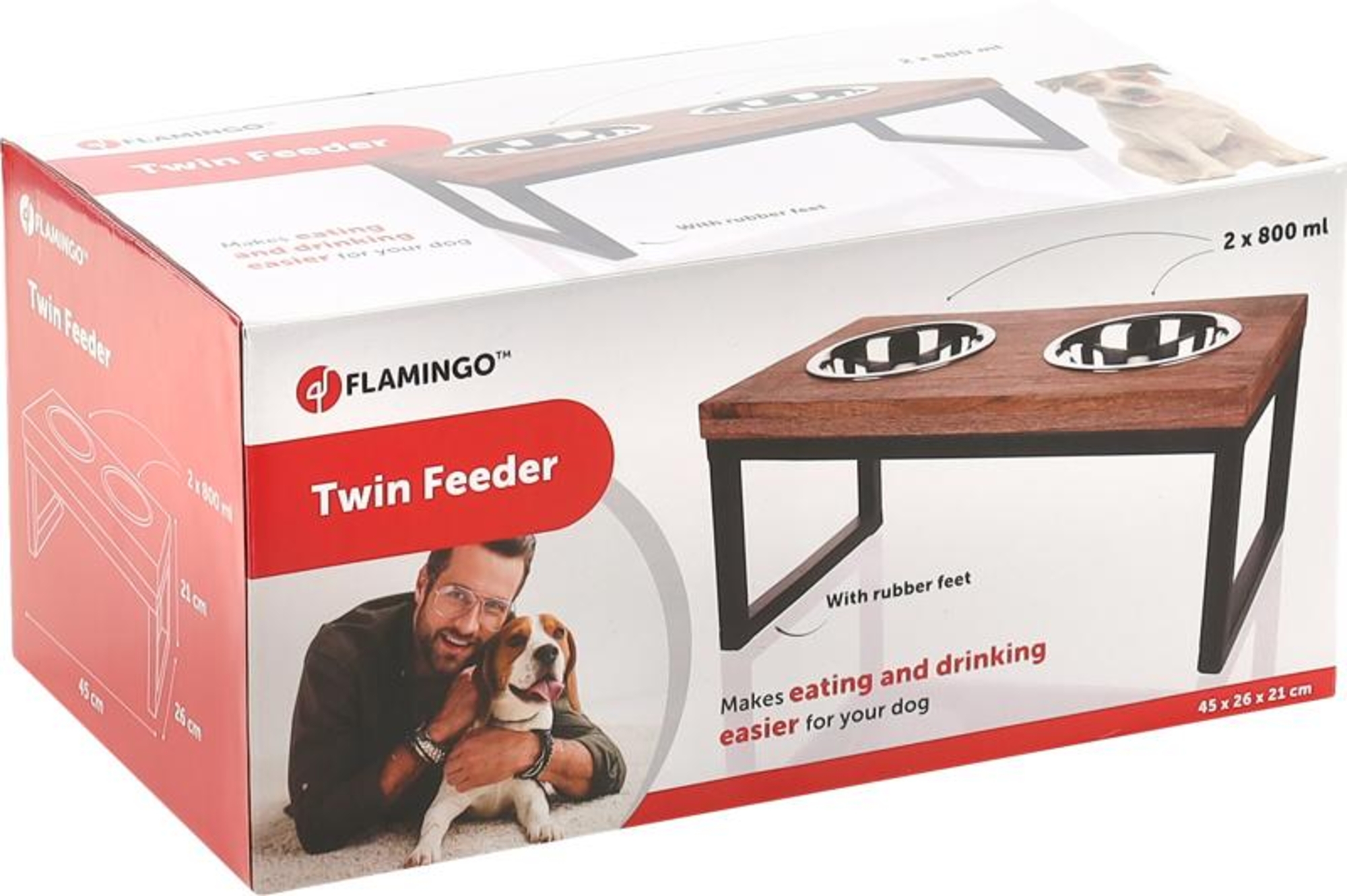 Flamingo Ciotola per cibo e acqua Duo dinner supporto Tommy Rettangolo Argento & Marrone & Nero