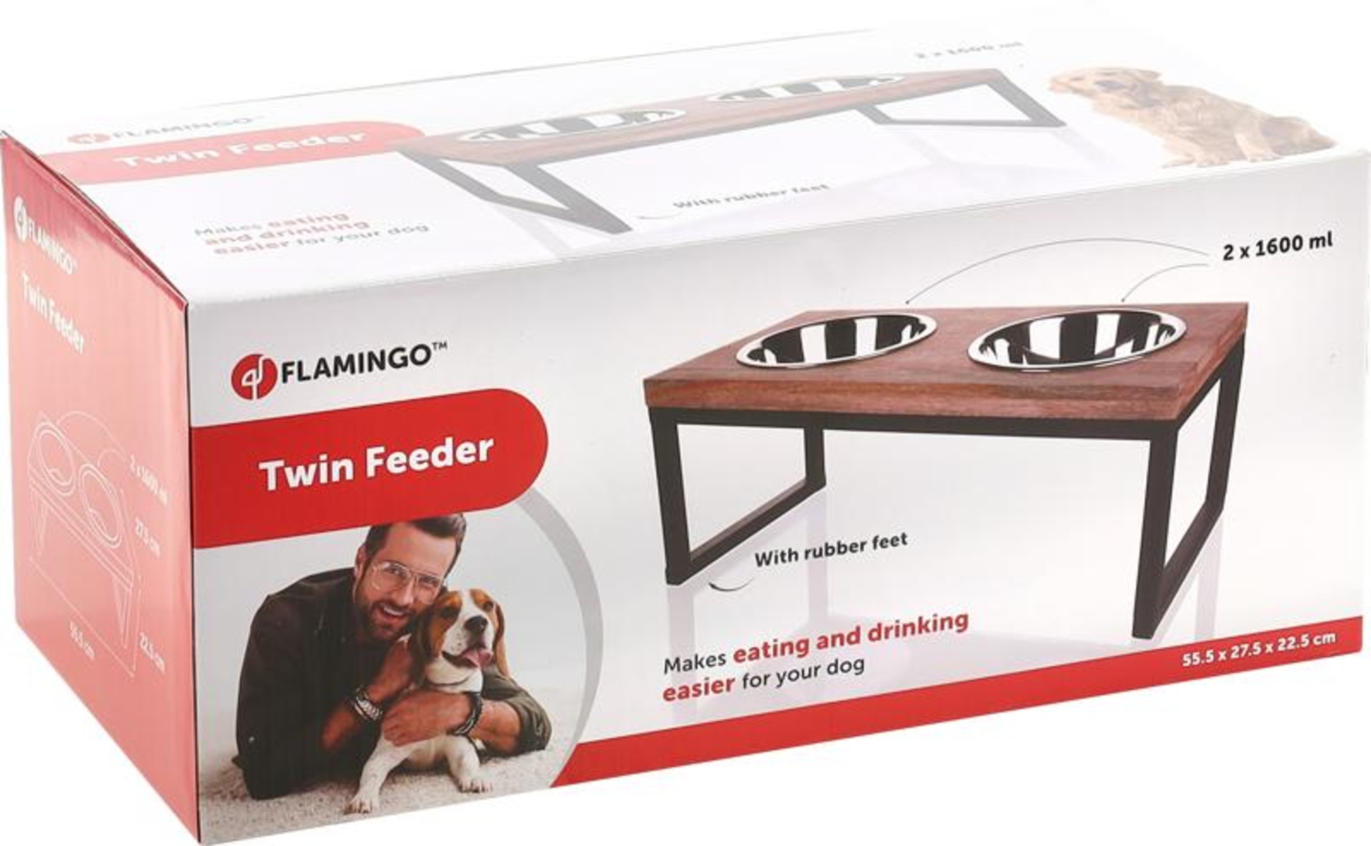 Flamingo Feeding and drinking bowl Duo dinner stand Tommy Rectangle Silver & Brown & Black