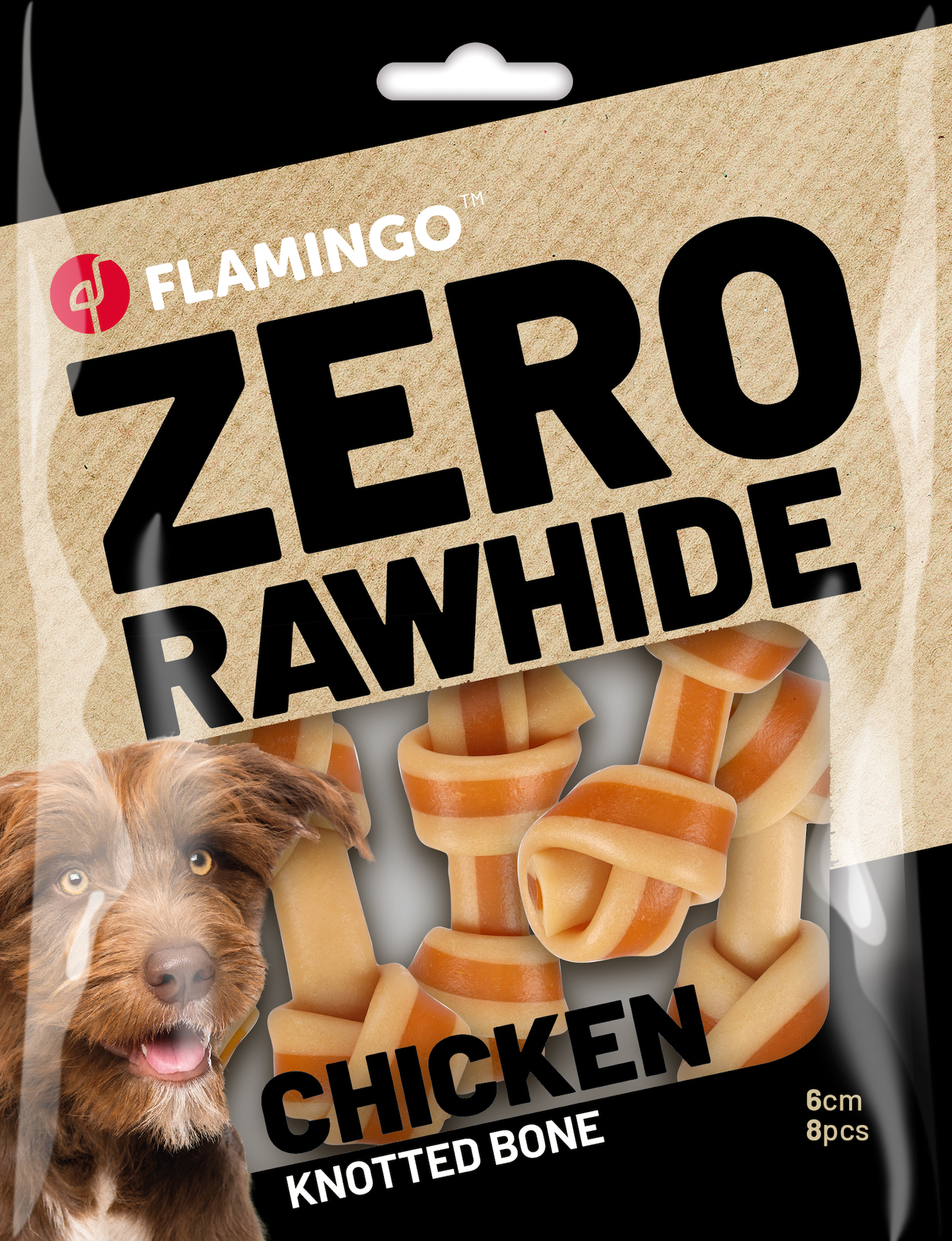 Flamingo Snacks Zero rawhide Knotted Bone  with chicken 6cm 18gr / 8 pcs 144gr