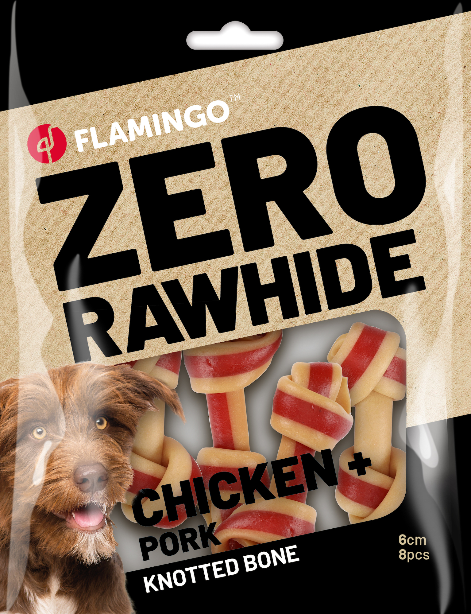 Flamingo Snacks Zero rawhide Knotted Bone  with chicken & with pork 6cm 18gr / 8 pcs 144gr