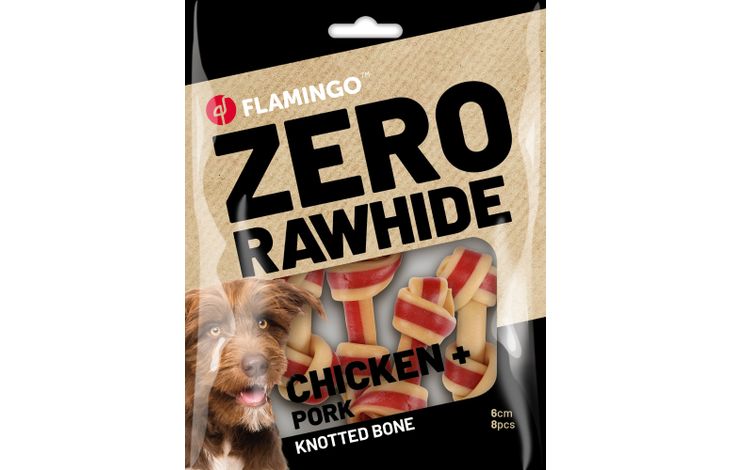 Flamingo Snack Zero rawhide Geknoopt Been  met kip & met varken 6cm 18g / 8 st 144g