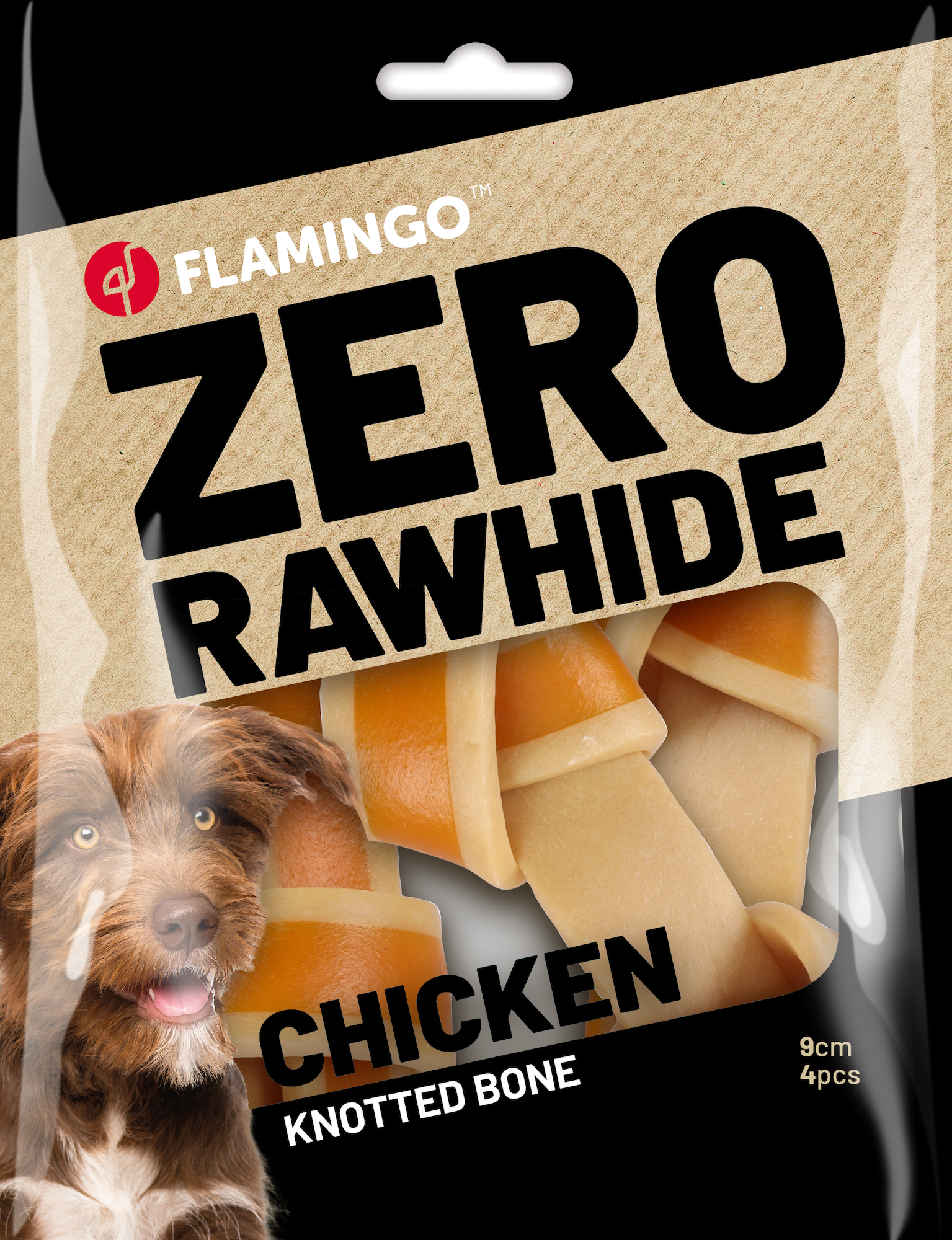 Flamingo Snacks Zero rawhide Knotted Bone  with chicken 9cm 35gr / 4 pcs 140gr