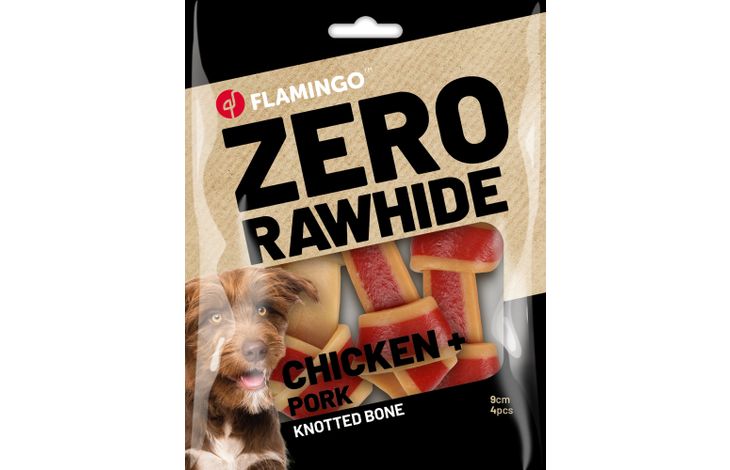 Flamingo Snack Zero rawhide Geknoopt Been  met kip & met varken 9cm 35gr / 4 st 140g