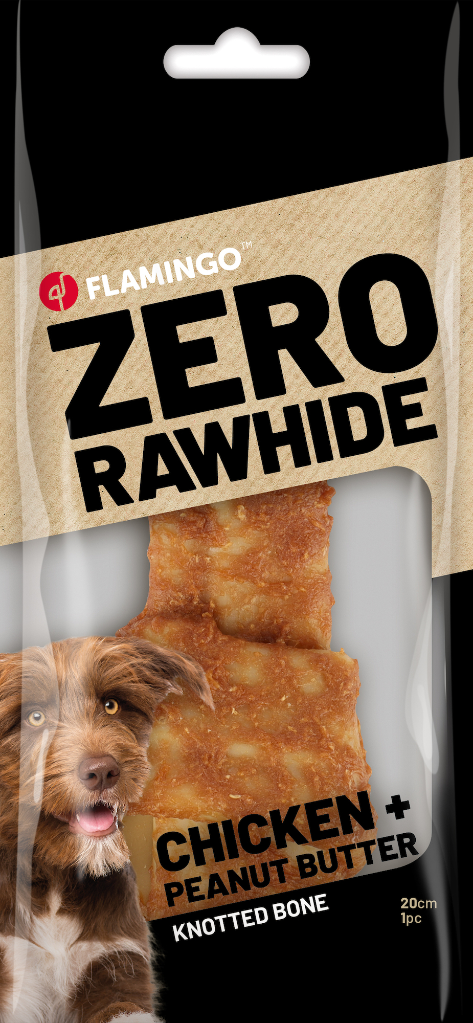 Flamingo Snacks Zero rawhide Knotted Bone  with chicken & Peanut butter 20cm 180gr