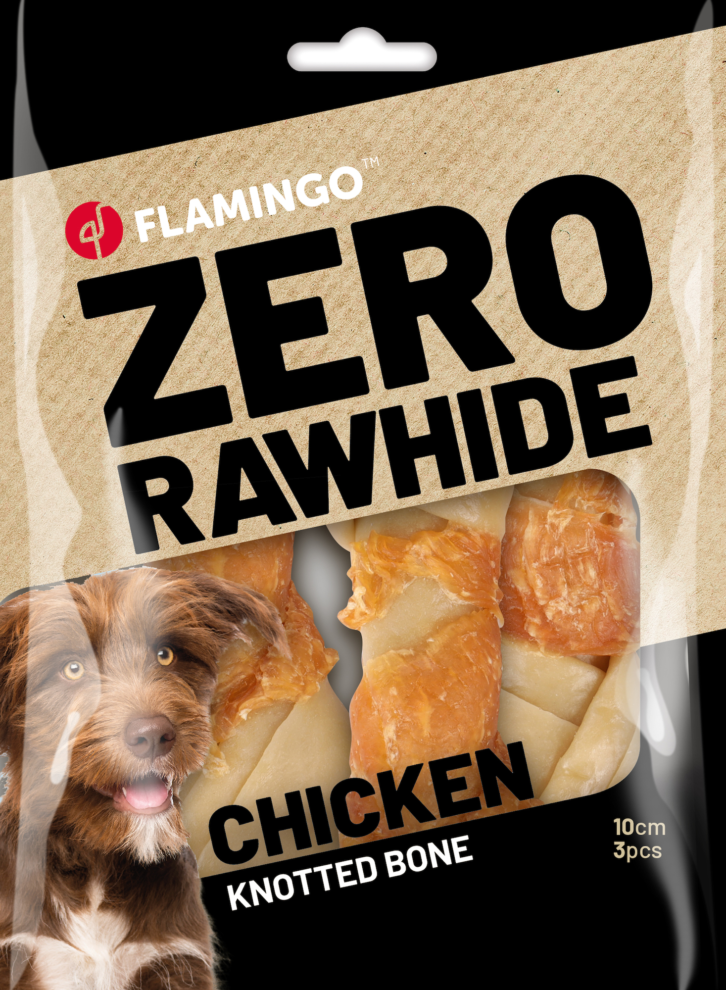 Flamingo Golosinas Zero rawhide Anudado Hueso  con pollo 10cm 40gr / 3 pzs 120gr