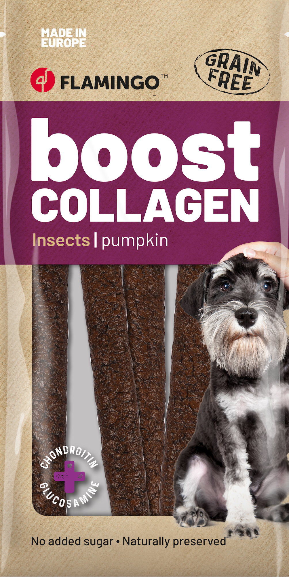 Flamingo Snacks Boost Sausage with insects & collagen 