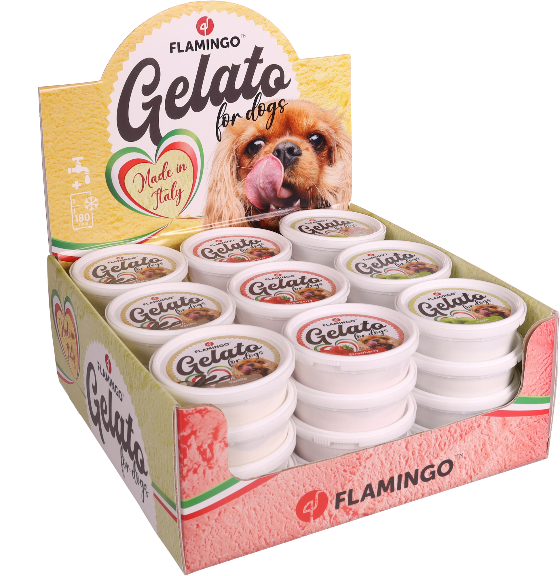 Flamingo Snack Gelato ice cream with strawberry, apple and vanilla flavour