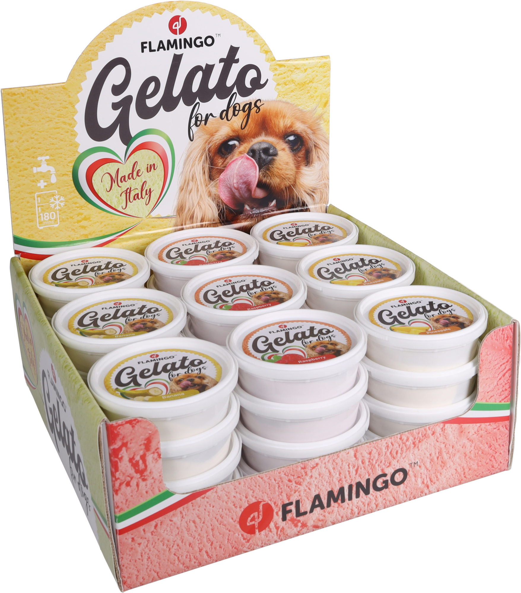 Flamingo Snack Gelato ice cream with pine apple, banana and raspberry flavour