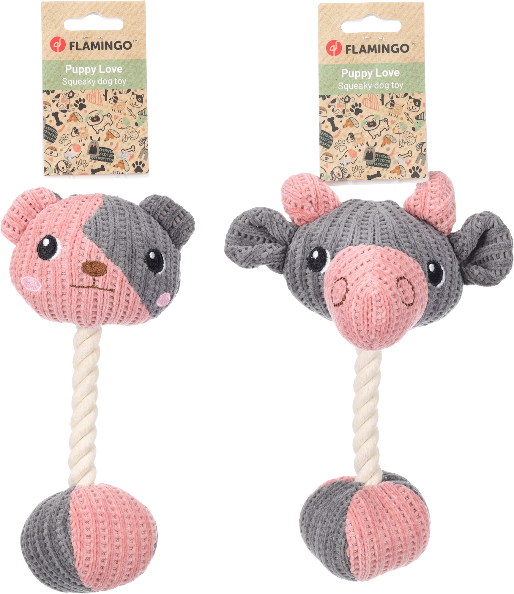 Flamingo Toy Puppy Zoda Bear & Ram with ball with rope Grey Pink