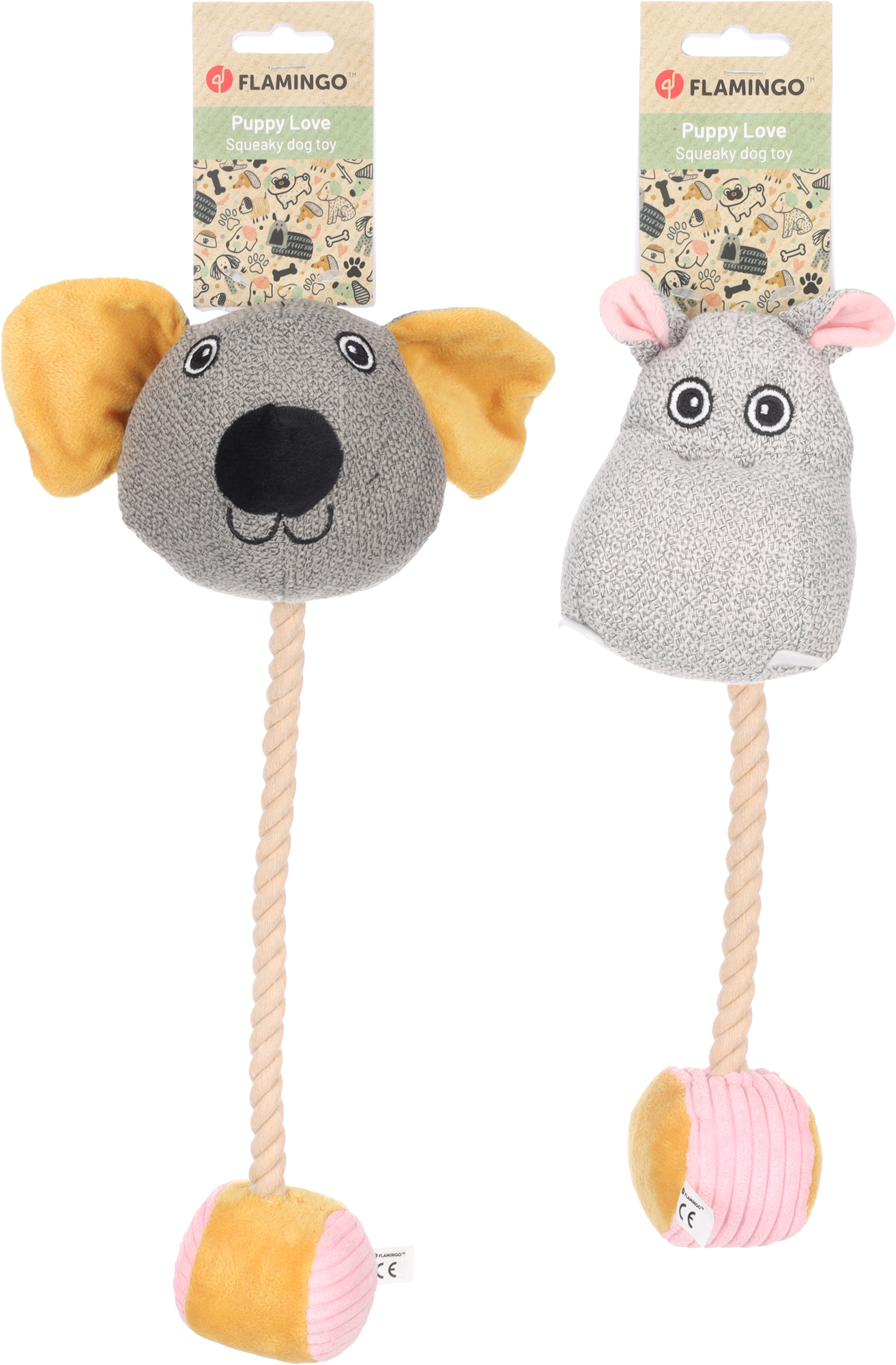 Flamingo Toy Puppy Felsy Mouse & Hippopotamus with ball with rope Multiple colours