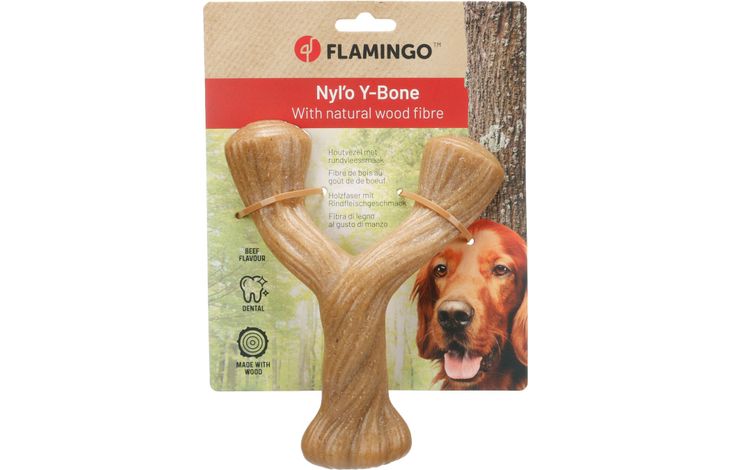 Flamingo Toy Nyl'o Wood Y shape with beef flavour