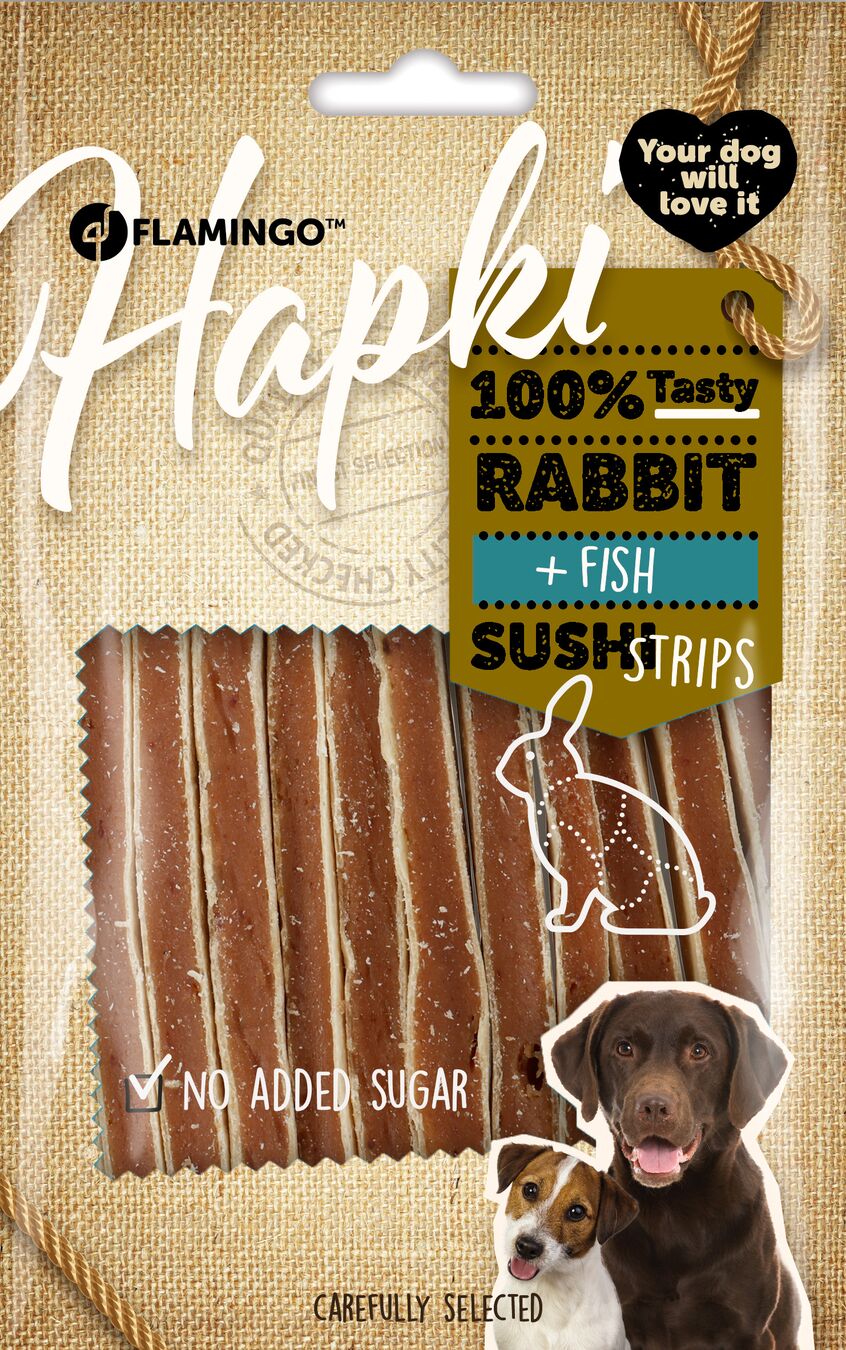 Flamingo Snacks Hapki Sushi strips with rabbit & fish 