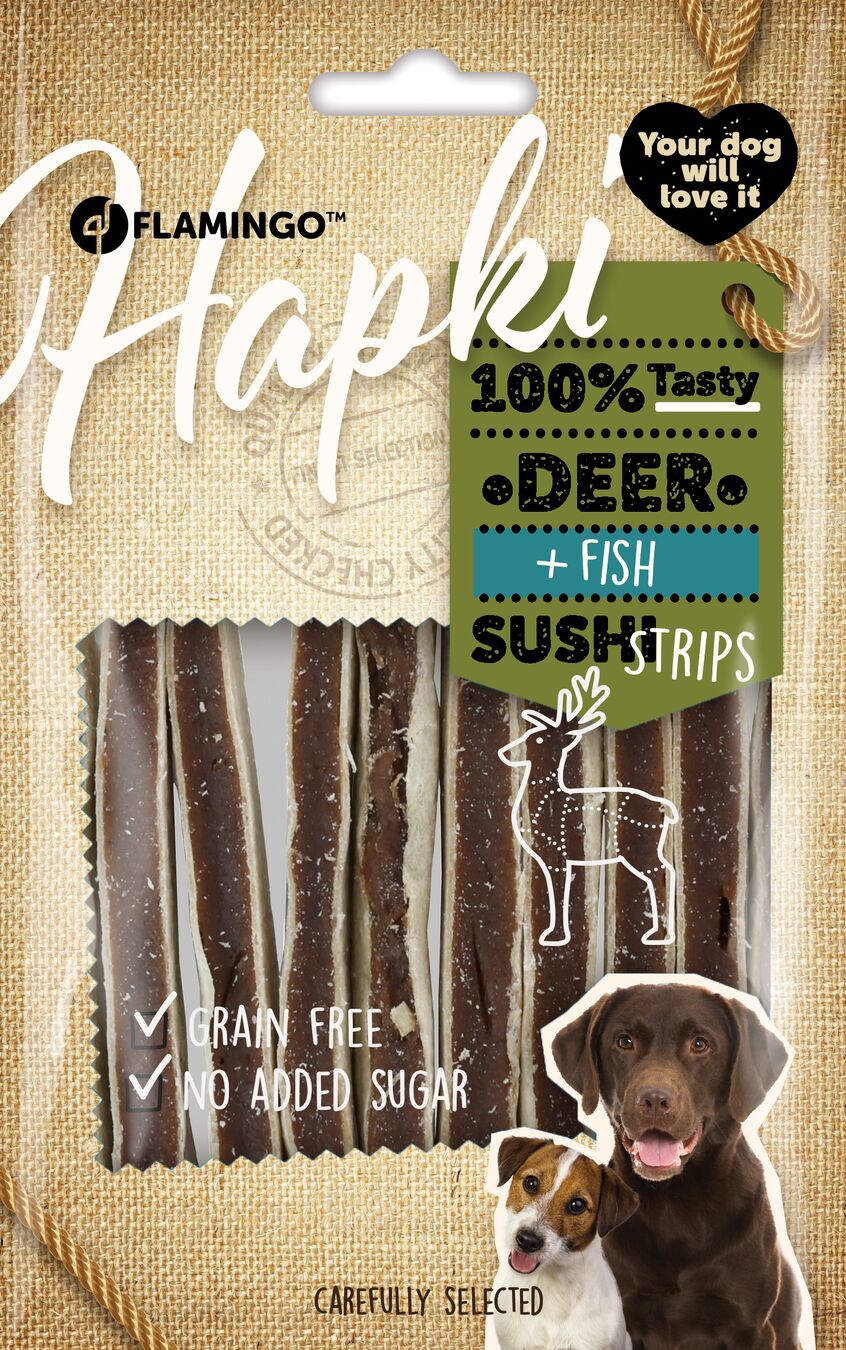 Flamingo Snacks Hapki Sushi strips with deer & fish 