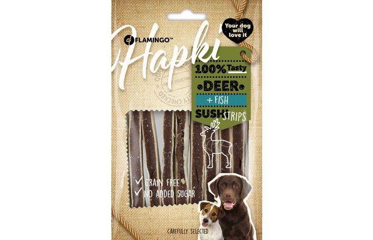 Flamingo Snacks Hapki Sushi strips with deer & fish 