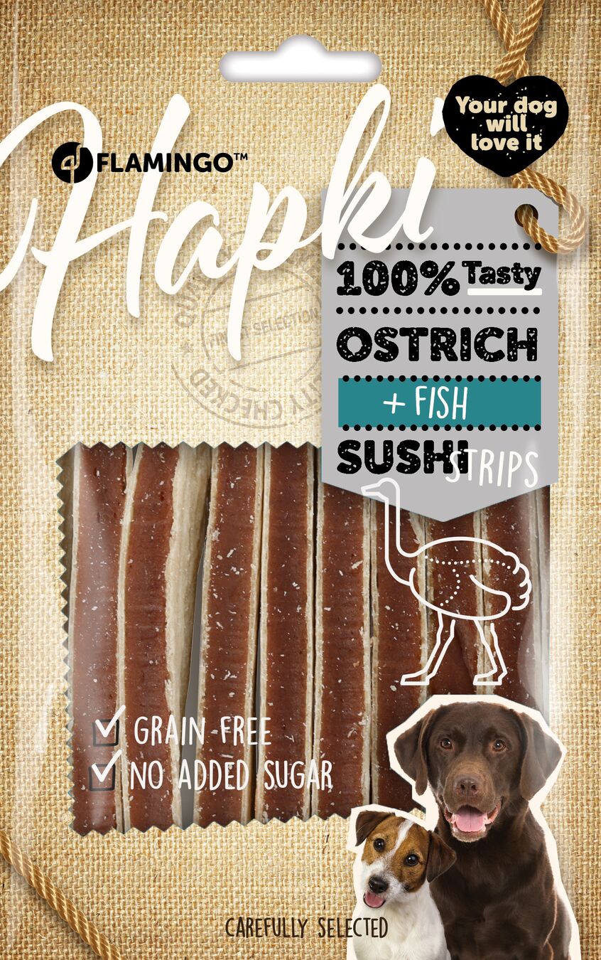 Flamingo Snacks Hapki Sushi strips with ostrich & fish 