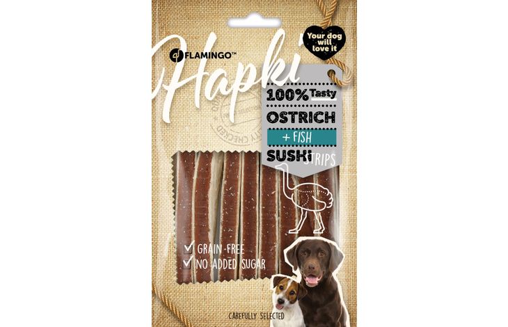 Flamingo Snacks Hapki Sushi strips with ostrich & fish 