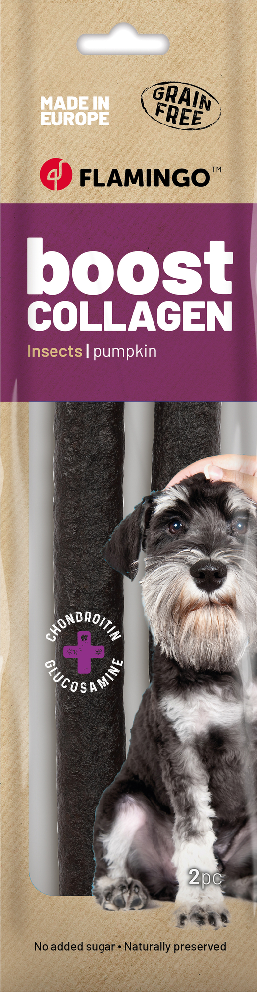 Flamingo Snacks Boost Sausage with insects & collagen 