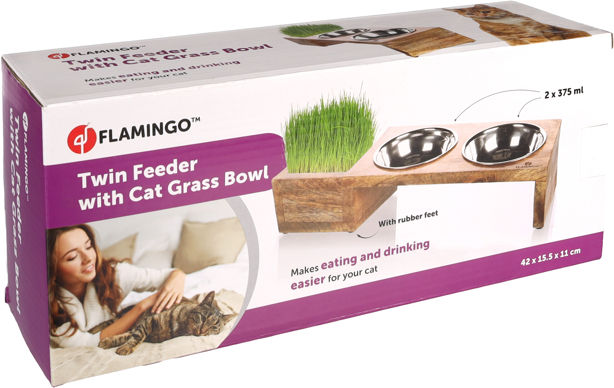 Flamingo Feeding and drinking bowl Duo dinner stand Lela Rectangle Silver & Brown