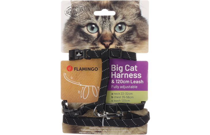 Flamingo Harnas met looplijn voor grote katten Elza Zwart