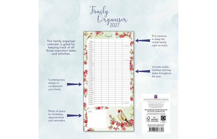 The Gifted Stationery Kalender 27 Birdsong Family Organizer gtd